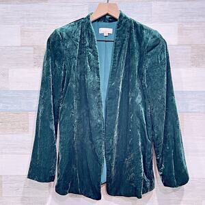 LOFT Velvet Open Front Blazer Jacket Dark Green Collarless Lined Womens XS